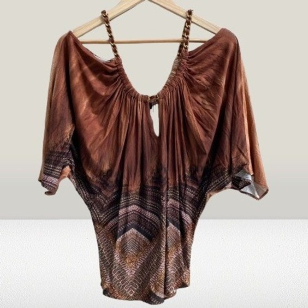 NEW Sky Women Cold Shoulder Chain Strap Batwing Blouse Top XS